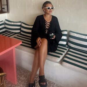 JETS Joali Linen Tie Front Mini Coverup Black Long Sleeve NWOT